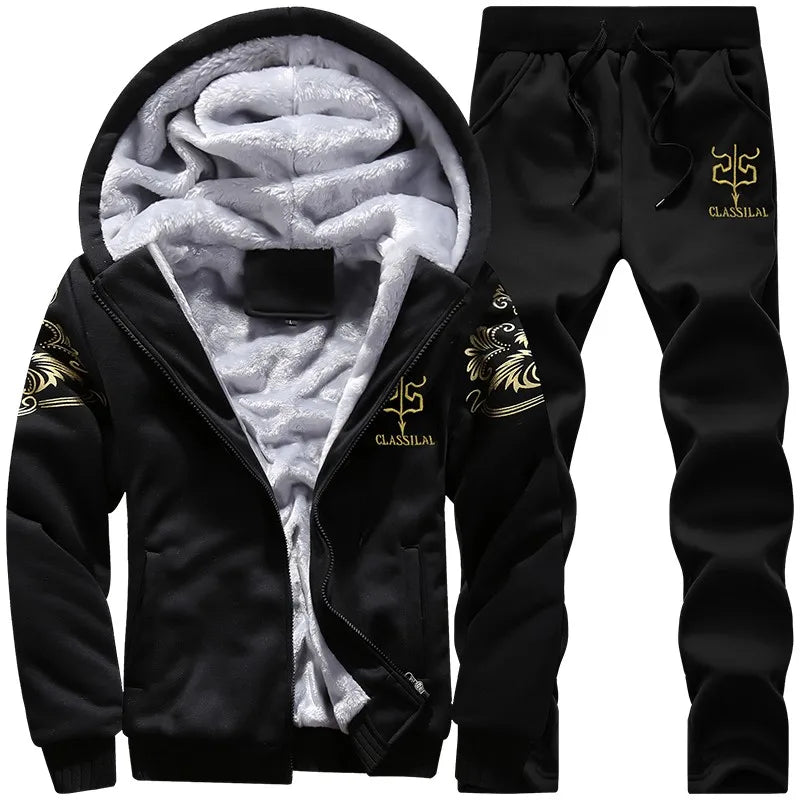 2023 New Winter Thick Men Sports Suit Tracksuit Hooded Sportswear Zipper Cardigan Hooded Woolen Trousers Pants Casual Men Set.
