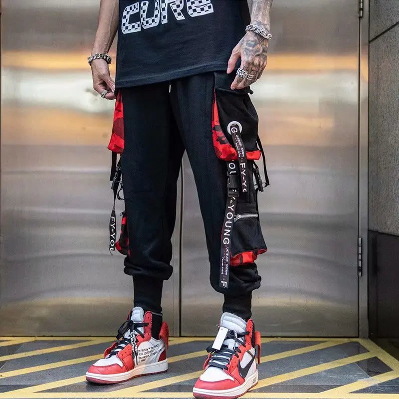 Men's Cargo Pants Casual Hip Hop Hit Color Multiple Pockets Trousers Streetwear Ribbons Techwear Sweatpants.