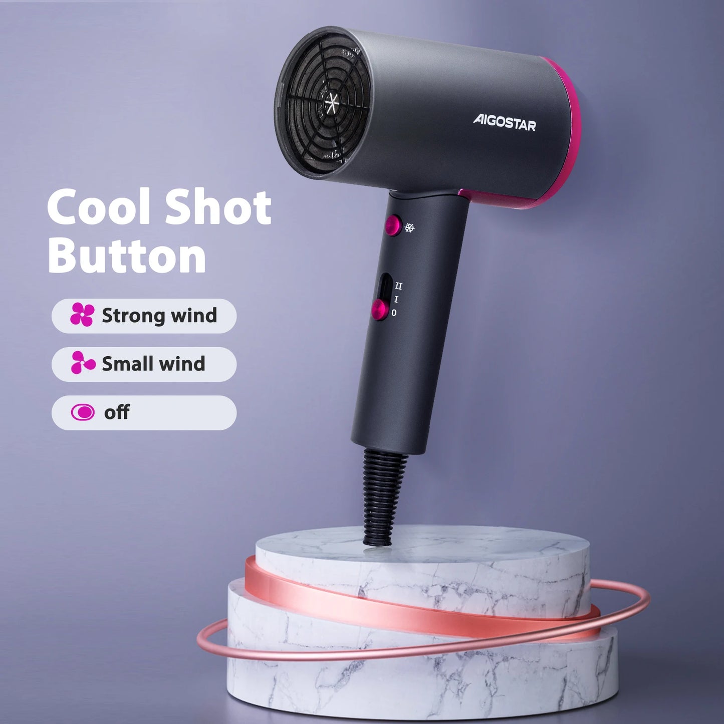 Aigostar Professional Hair Dryer, 2200W Hair Dryer, Negative Ion Technology, 2 Speed, 2 Heat and Cold Air Settings, Lightweight