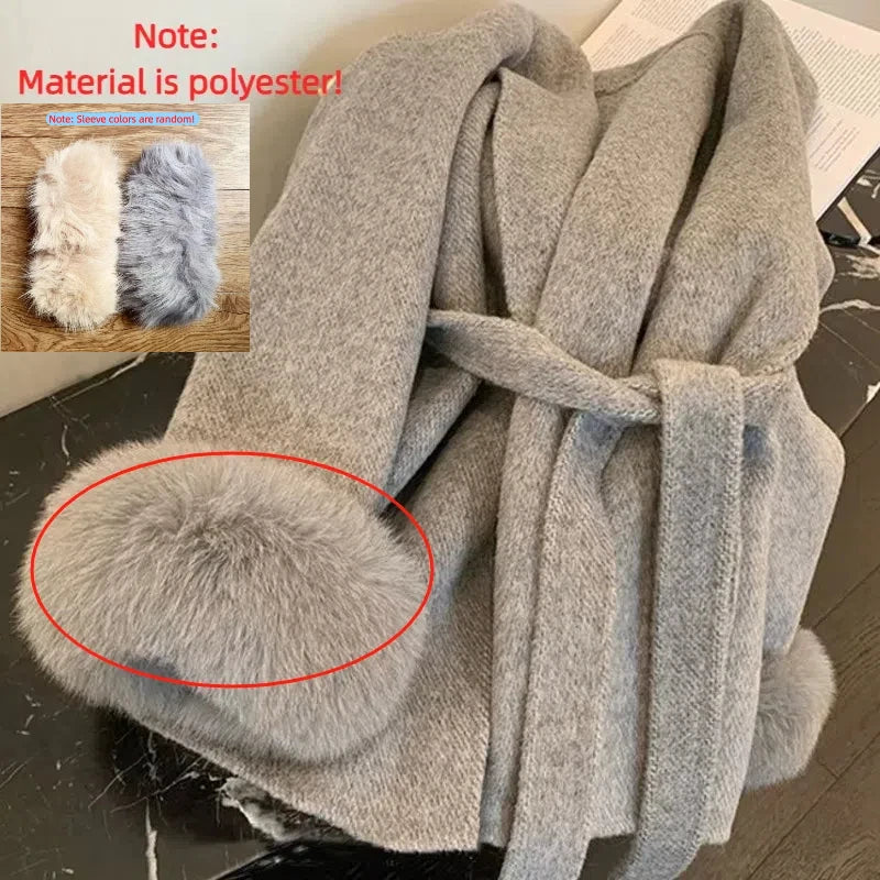 Damen Neue Herbst Und Winter Vielseitige Tweed Cape Mantel Gürtel Modelle Hochrangige Sinn für Fuchs Pelz Manschetten Mischungen Mantel für Frauen.