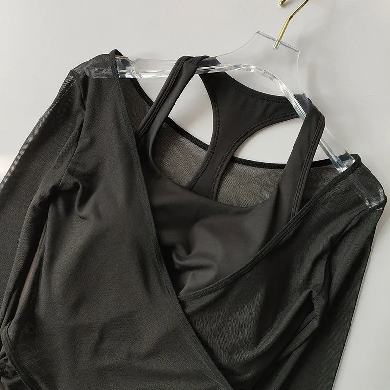 Sexy Mesh Slimming Yoga Suit for Women, Gathering Together, Sports Bra, Two Pieces, Quick Dry Training, Pilates Cover Up Blouse.