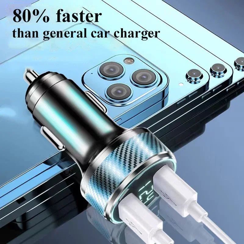 2 in 1 USB Car Charger Adapter 300W Super Fast Charge with Voltage Monitor for iPhone Samsung iPad Huawei Oneplus OPPO VIVO.