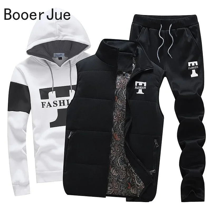3 Pieces Set Hoodies+Vest+Pants Casual Men's Track Suit Clothing Coats Winter Thick Warm Tracksuit for Men Printed Mens Set Vest