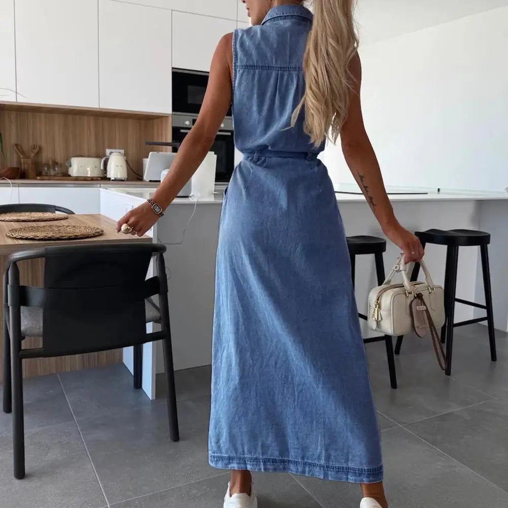 Damen-Jeanshemdkleid, Sommer, ärmellos, Knopfleiste, Maxikleid mit Gürtel, Revers, V-Ausschnitt, langes Jeanskleid mit Taschen.