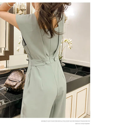 H Han Queen Summer Elegant Business Jumpsuits Women Simple Wide Leg Long Playsuits Korean Sleeveless Casual Rompers Office Lady.