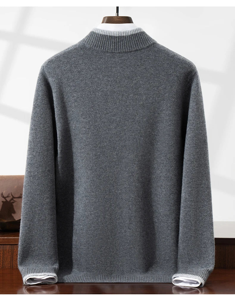 100% Wool Cardigan for Men, Half Turtleneck, Zipper, Color Block, Thickened Sweater, Business Casual Outerwear, Knitted Jacket.