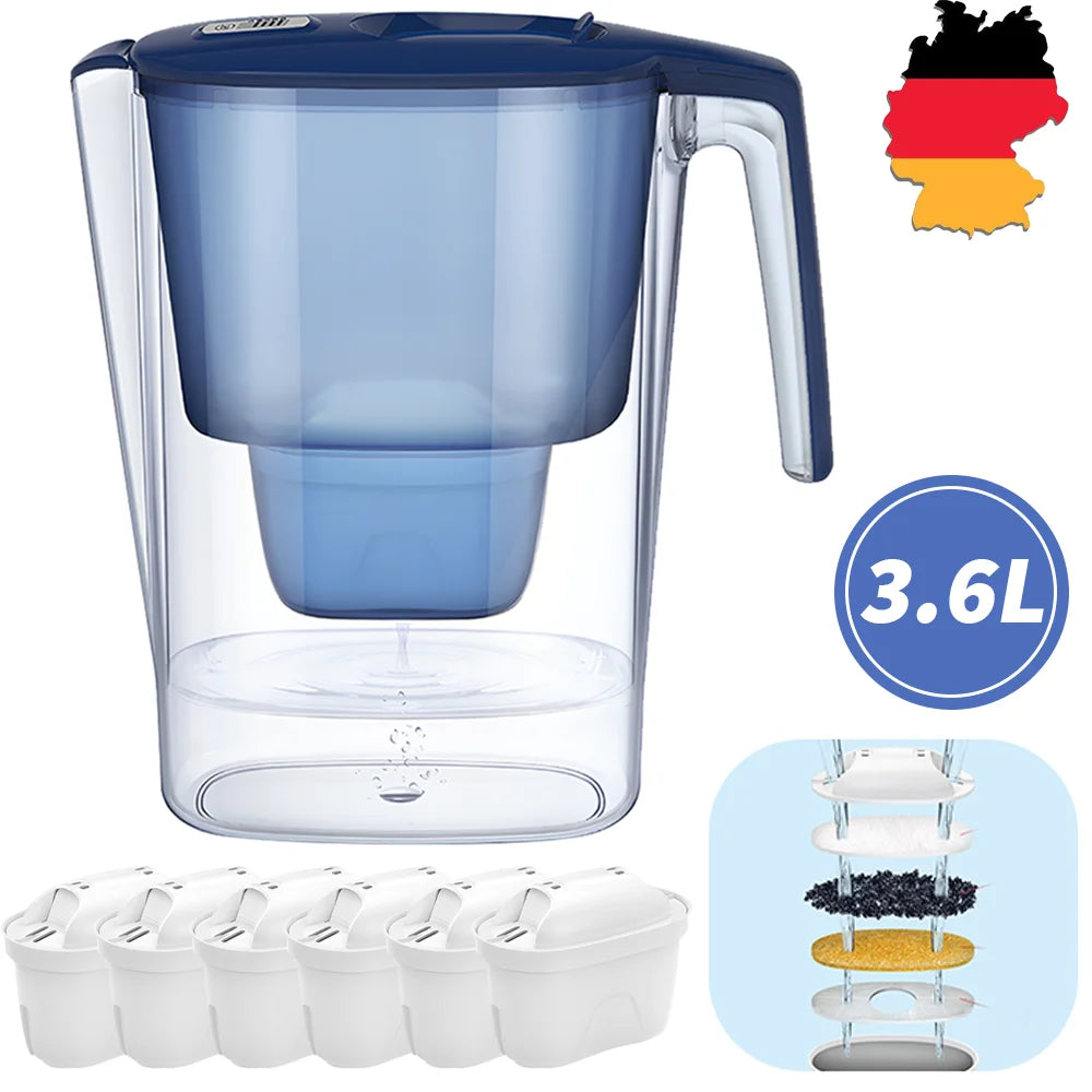 Household Filter Kettle with 6 Filter Device Activated Carbon Water Purifier and Filter Cartridges Non-toxic Filter Wate 3.6L.