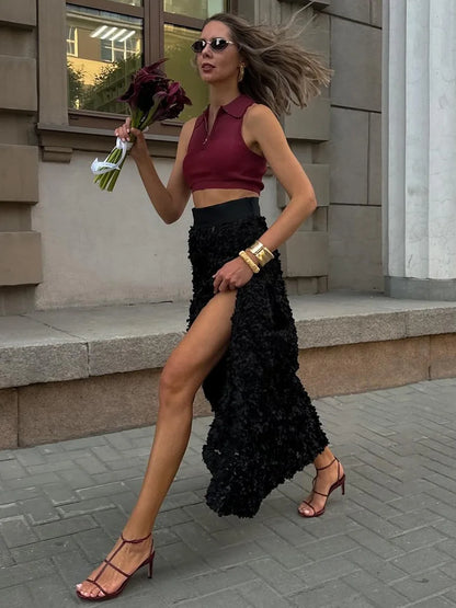 Light Luxury Evening Skirt Autumn Winter Women's Slim Fit Loose Warm Embroidered Petal Side Split Design Temperament Skirt New.