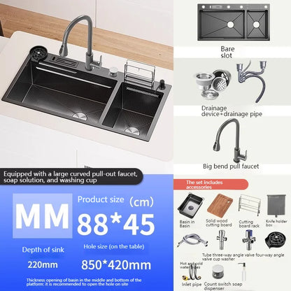 Stainless Steel Kitchen Sink Large Double Slot Waterfall Outlet Convenient for Dish and Vegetable Washbasin