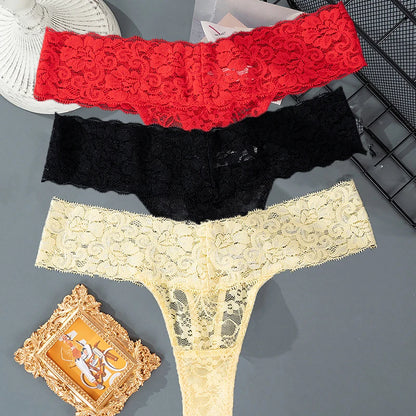 3PCS Lace Floral Women Panties Low Waist Breathable Briefs Female Thong Underwear M-2XL Solid Sexy G-String Transparent Panty.
