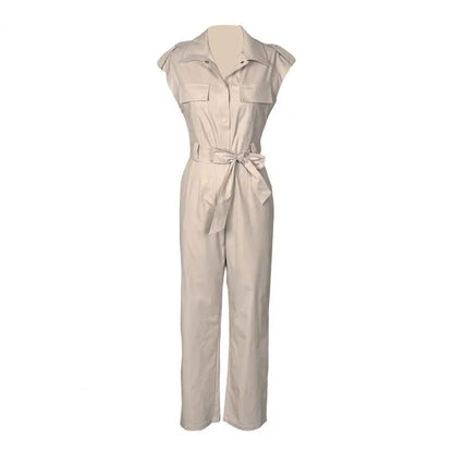 Elegant Women Jumpsuit Lapel Sleeveless Belt Design Romper with Pockets Solid Color Wide Leg Pants Versatile Jumpsuit.