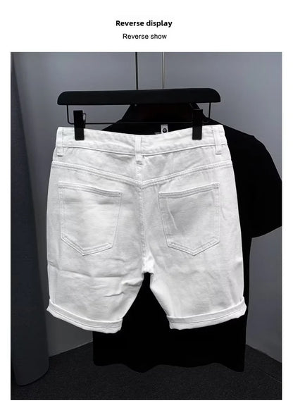 New Men's Denim Shorts Trendy Solid Color Ripped Slim Fit High Waist Elastic Waist Breathable Quick Dry Cotton Pants.