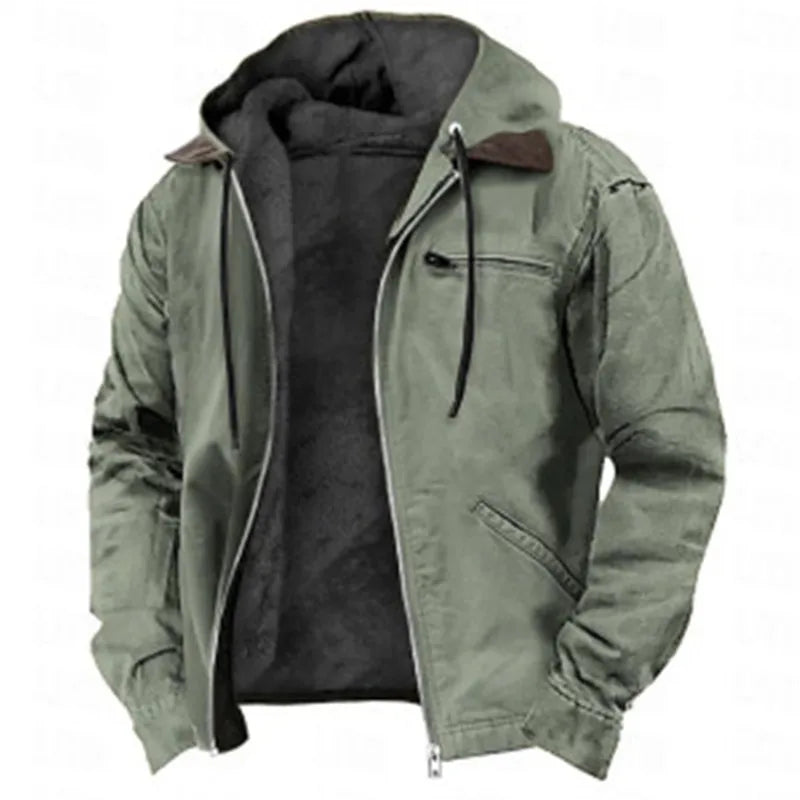 Winter New Men Casual Jackets Hooded Zipper Pocket Fashion Solid Color Fleece Warm Outerwear Male Outdoor Hooded Hoodie Coats.
