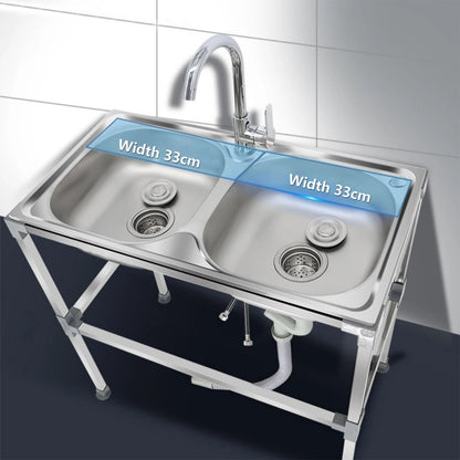 Edelstahlspüle, freistehendes Doppelschüssel-Küchenspülbecken mit Wasserhahn, Warm- und Kaltwasserrohr, Silber 75 * 40 * 83 cm