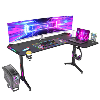 L-förmiger Computer-Gaming-Schreibtisch, RGB-LED-beleuchteter Tisch mit Kopfhörerhaken und Getränkehalter