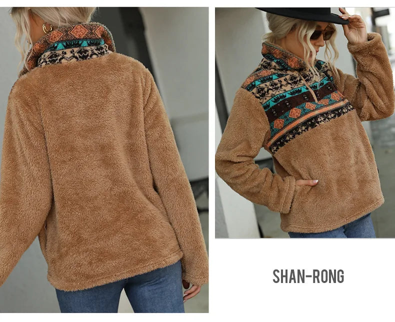 Fairyshely 2025 Winter Print Women Hoodies Casual Long Sleeve Hood Sweatshirt Loose Autumn Lady Stand Collar Plush Hoodie Tops.