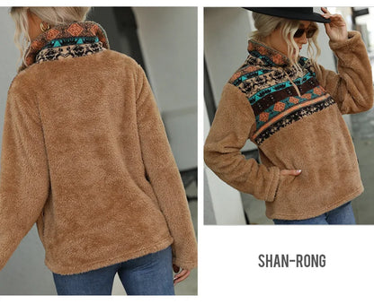 Fairyshely 2025 Winter Print Women Hoodies Casual Long Sleeve Hood Sweatshirt Loose Autumn Lady Stand Collar Plush Hoodie Tops.