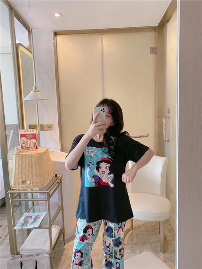 Sommer Pooh Bär Nachtwäsche frauen Lose Bequeme Cartoon Print Hause Kleidung Set Kurzarm Nachthemd Mickey Pyjama Set