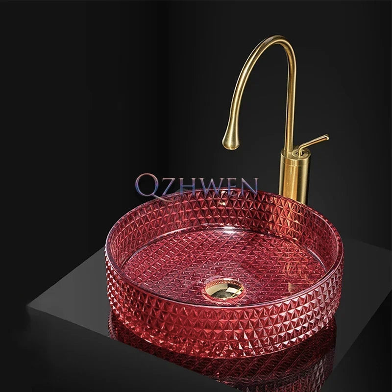 Luxuriöses Waschbecken aus Kristallglas, Badezimmer-Waschbecken, rosa Arbeitsplatte, Kunstbecken, rundes Mini-Schüsselbecken, Waschraum-Waschbecken mit Wasserhähnen