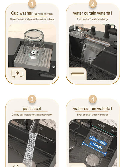 Wasserfall-Küchenspüle aus Edelstahl, multifunktional, groß, Einzelschlitz, Geschirrspülbecken, Küchenrenovierung