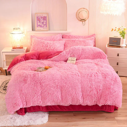 3Pcs Super Shaggy Coral Fleece Warm Cozy Princess Bedding Set Mink Velvet Duvet Cover Set Bed Comforter Cover Blanket Pillowcase