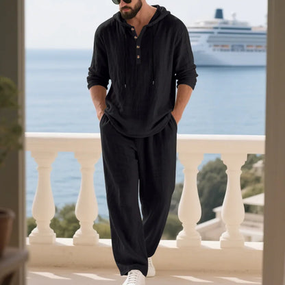 Cross-border Autumn Linen Men's Casual Suit Loose Hooded Henley Shirt Long Sleeve Pants Suit