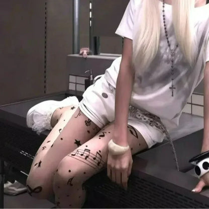 Women Personalized Stocking Gothic Music Notes Print Tights Thin High Elasticity Black Skin Leggings Spicy Girls Y2K Hosiery
