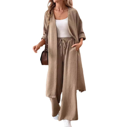 Clothes Autumn open-collar Solid Color Long Loose Top + Drawstring Wide-leg Trousers Trajes De Mujer Conjunto 2 Piezas Elegantes.