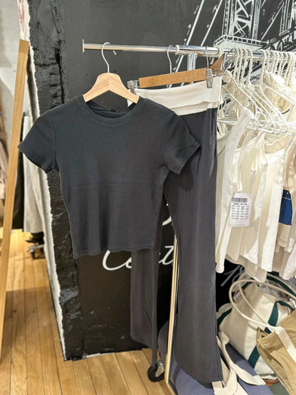 New Basic Black T-shirt Pants Sets Women O-neck Slim Tees+ Patchwork Yoga Sweatpants Solid Vintage Cotton Sport 2 Pieces Sets.