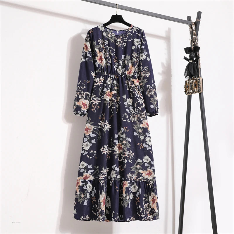 Frühling Sommer Frauen Maxi Kleider Casual Volle Hülse Floral Gedruckt Oansatz Frau Bohe Strand Party Lange Kleid Mujer Vestidos