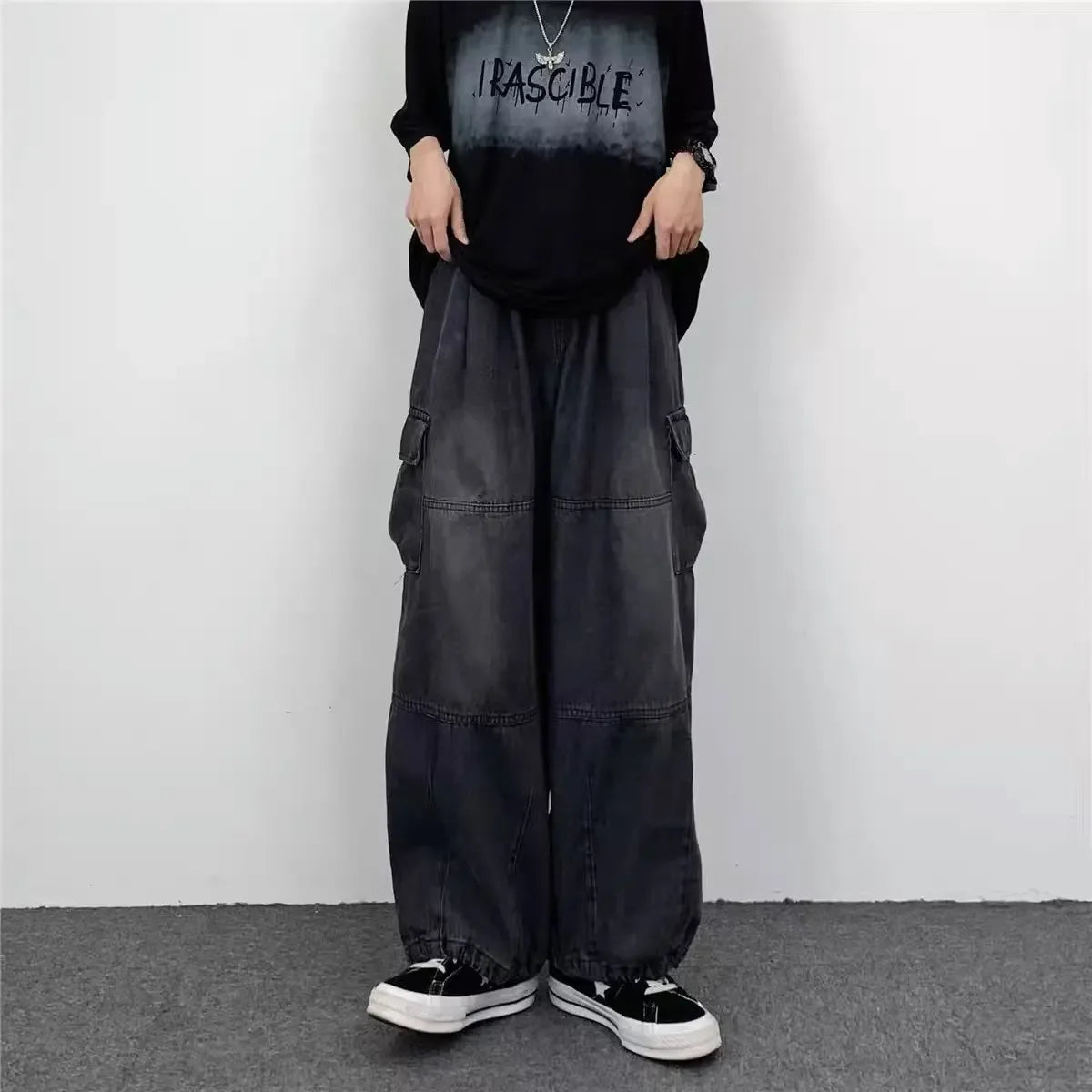 Japanese Vintage Wide-leg Pocket Cargo Pants Men's Autumn/winter New Trendy Brand Ins Unisex Loose Fit Straight Leg Jeans.