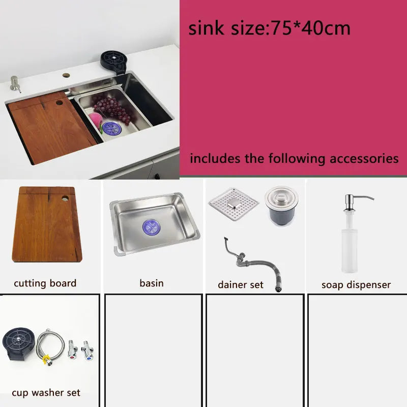 Unterbau-Küchenspüle aus Edelstahl 304, obermontierte Waschbecken mit Wasserfall-Wasserhahn, multifunktionales Einzelwaschbecken
