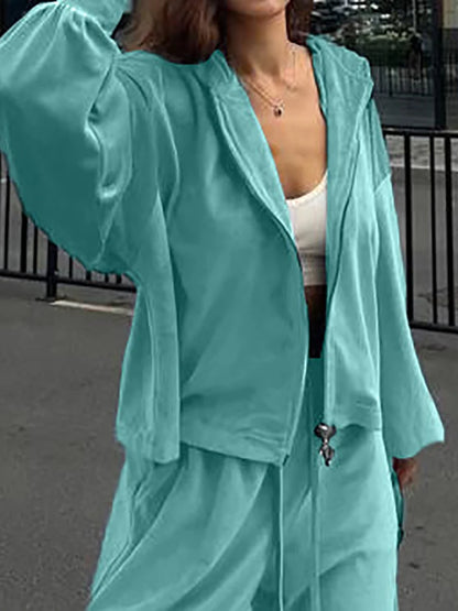 Women Autumn Hooded Coat Two Pieces Sets, Solid Patchwork Wide Leg Pants Chic Outfit, New Long Sleeve Casual Simple Ladies Suits.