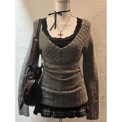 Deeptown Sexy Gestrickte Pullover Frauen V-ausschnitt Vintage Frühen Y2k Grunge Pullover Mujer Herbst Mode Langarm Pullover Schlank.