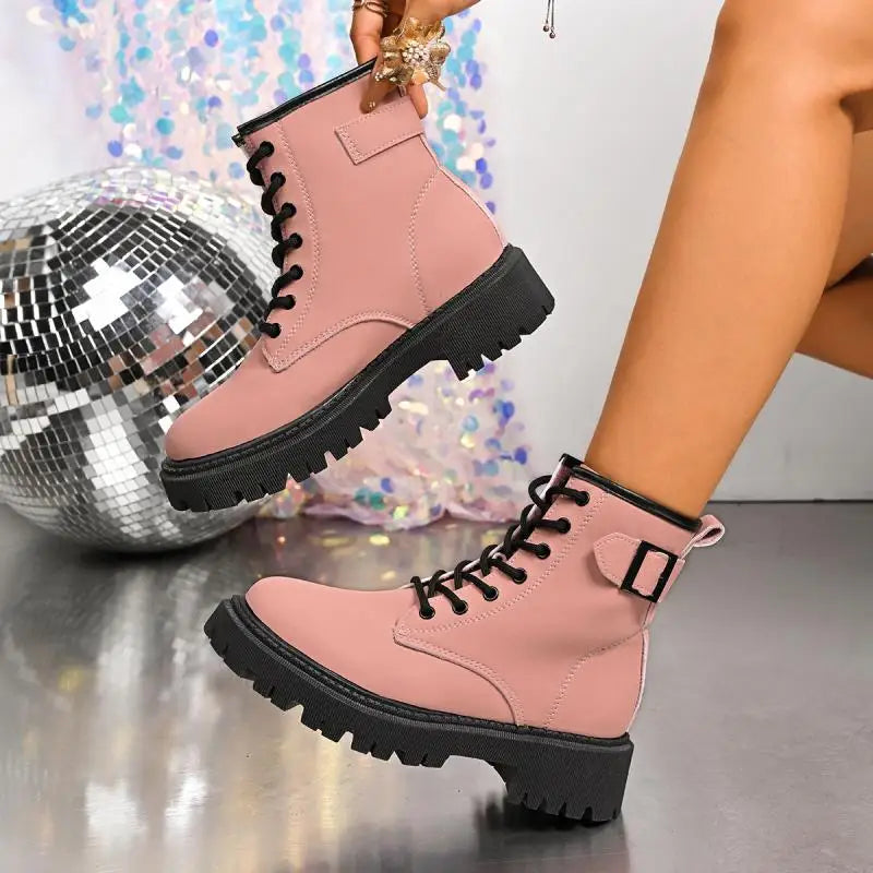 Chunky Platform Thick Heel Pink Ankle Boots Women 2025 Winter Punk Thick Bottom Lace Up Motorcycle Boots Metal Buckle Booties.
