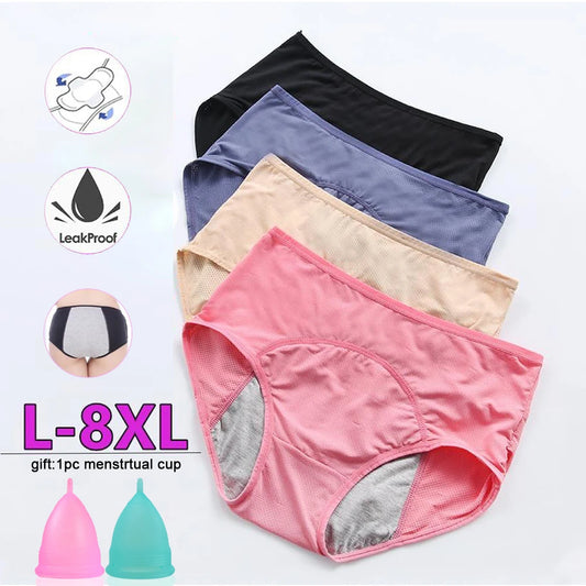 4pcs Women Menstrual Panties+gift Menstrual Cup Female Period Leak Proof Underwear Plus Size Maternal Physiological Briefs.