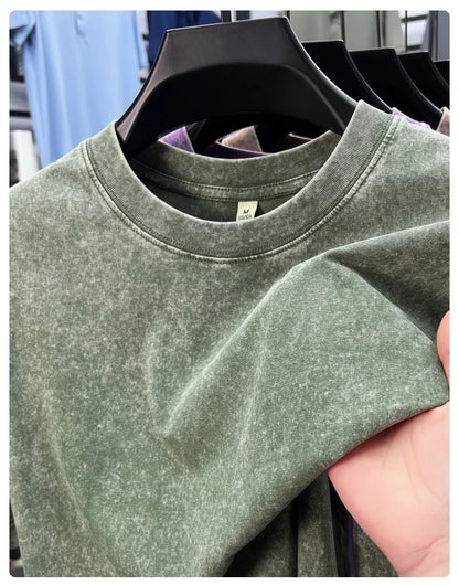 Personality washed vintage short sleeve T-shirt high-end 100% pure cotton men fashion round neck comfort lightweight casual top.