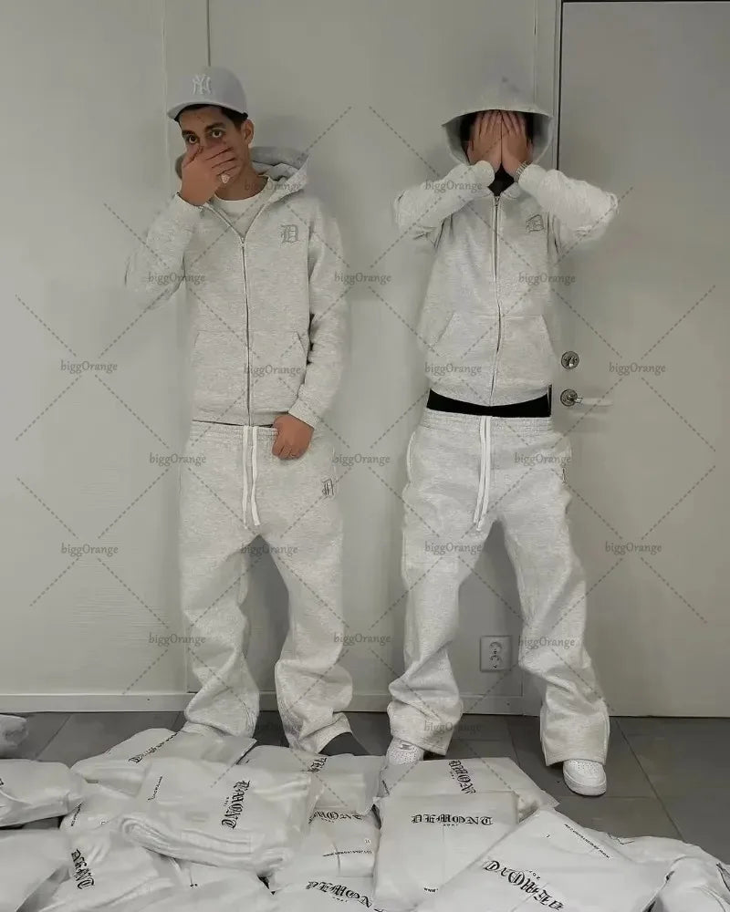 Europäischen und Amerikanischen Retro Männer Anzug Brief Gestickte Zipper Hoodie Frauen Modische Casual Lose Grau Gerade Hosen.