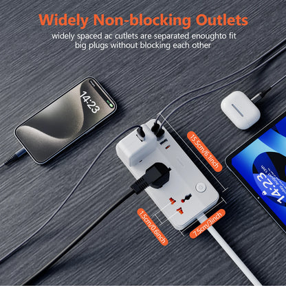 Power Multi Tap Universal Stecker EU Steckdose Steckdosenleiste mit 1,9 m Verlängerungskabel AC Typ C USB Port Charge PD 20 W Steckdose.