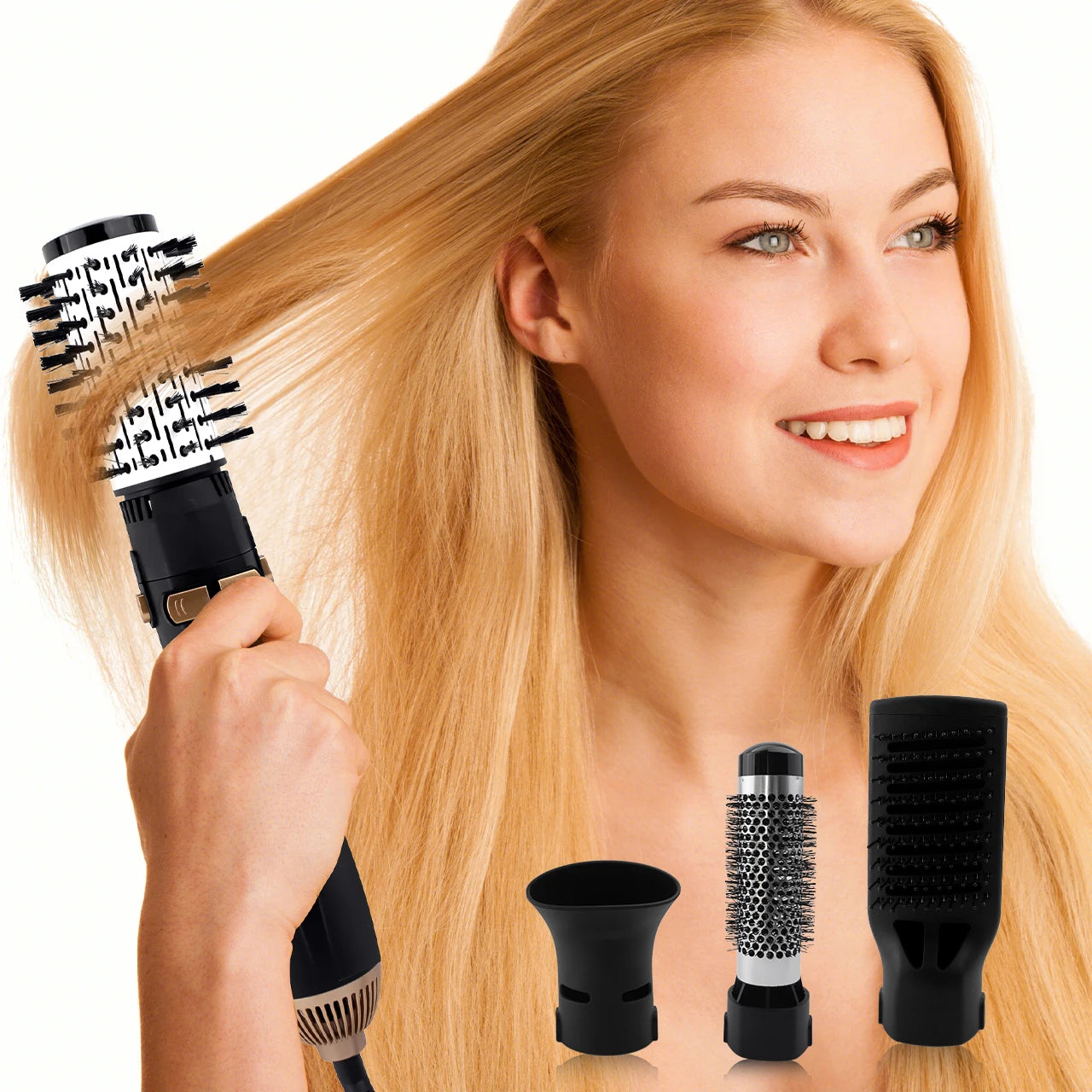 Hatteker EU 4-Head Hot Air Brush Hair Dryer Strong Wind Electric Straightener Curler Roller Comb Blower Styling Tool for Woman.