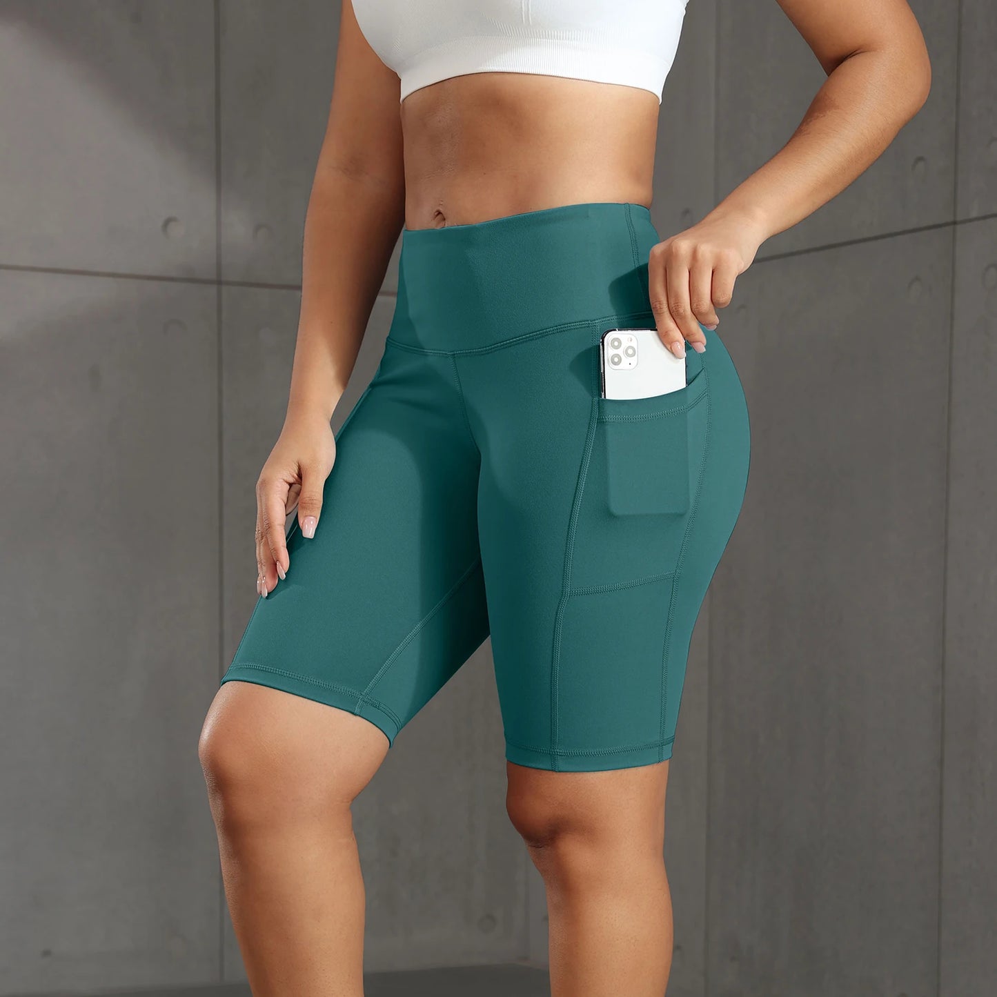 CHRLEISURE Women Solid Yoga Shorts with 3 Pockets High Waist Butt Lifting Workout Tights Gym Elastic Cycling Shorts Activewear.