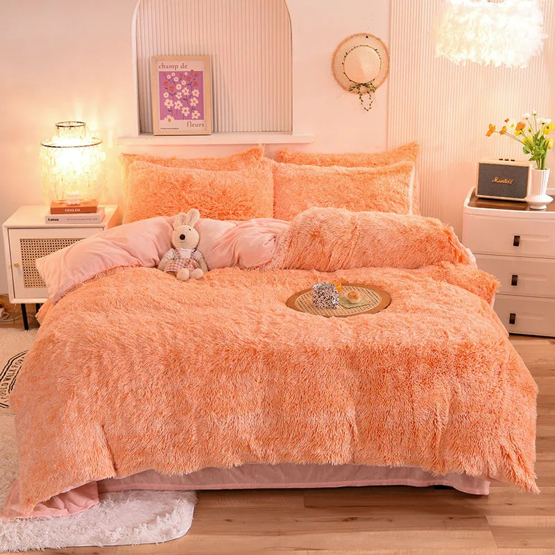 3Pcs Super Shaggy Coral Fleece Warm Cozy Princess Bedding Set Mink Velvet Duvet Cover Set Bed Comforter Cover Blanket Pillowcase