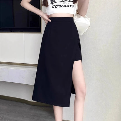 2023 New High Waist Hip Skirt Irregular Slit Black Skirt for Women Summer Mid-length A-line Harajuku Vintage Women Clothing.