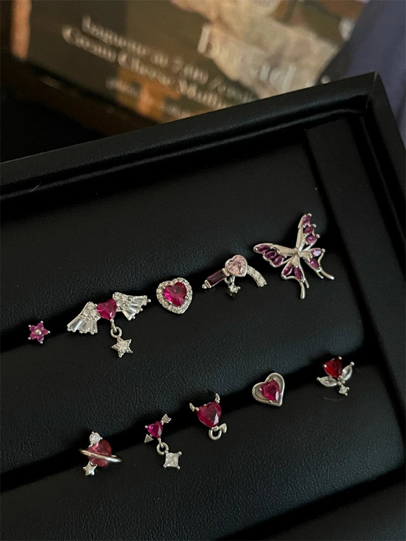 New Trendy Shiny Rose Red Color Zircon 316L Stainless Steel Ear Bone Nail Y2K Gothic Love Heart Small Earrings for Women Jewelry.