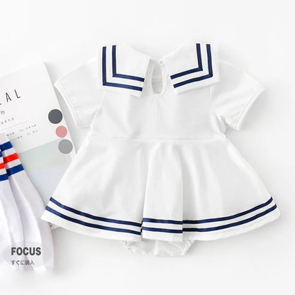 Sommer Baby Mädchen Strampler Kleid Sailor Navy Kragen Infant Mädchen Bögen Einteilige Kleidung Kleinkind Kurzarm Body.
