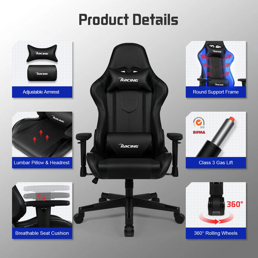 AUTHMIC Ergonomischer Gaming-Stuhl mit verstellbaren Armlehnen, verstellbarer Rückenlehne, PU-Ledersitz für den Rennspielaufbau im Home Office