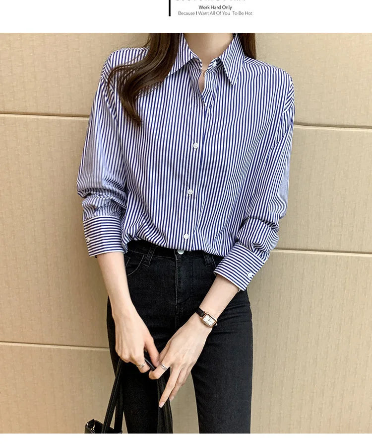 1pcs Woman Four Season Stripe Shirts Lady Casual Long Sleeve Turn-down Collar Loose Shirt Female Business Attire Korean Tops.