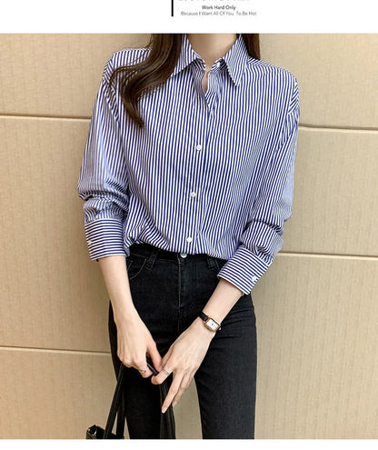 1pcs Woman Four Season Stripe Shirts Lady Casual Long Sleeve Turn-down Collar Loose Shirt Female Business Attire Korean Tops.