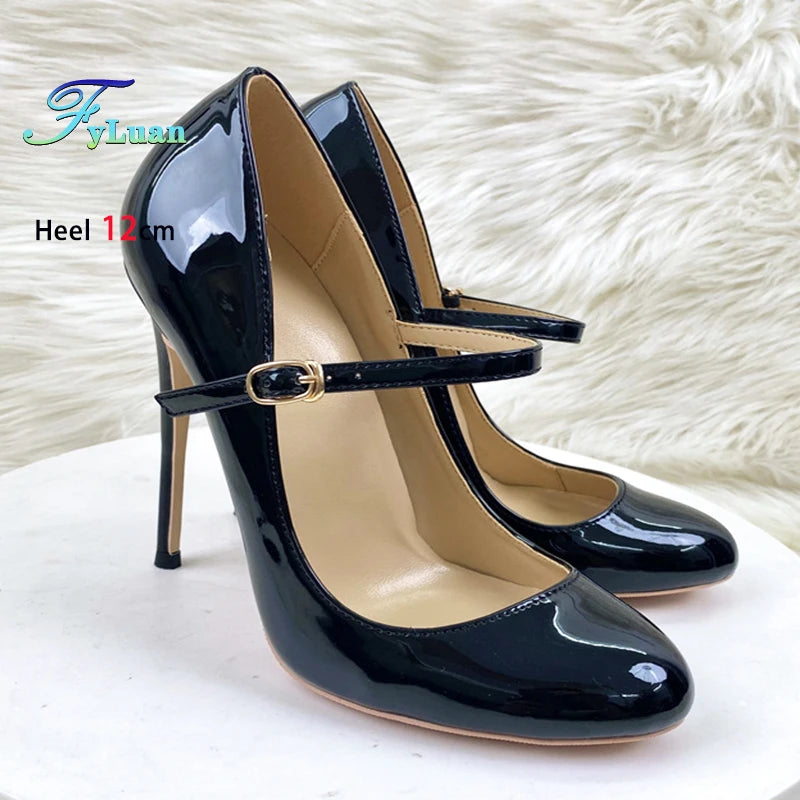 Round Toe Stiletto Shoes For Women Black Mary Jane Shoes 10CM 12CM Thin High Heels Spring Autumn Buckle Strap Fashion Sexy Pumps.