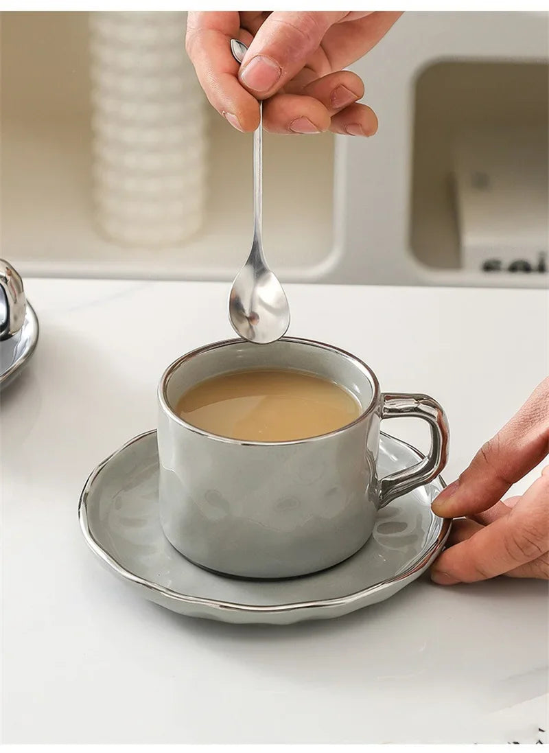 230ml European Style Coffee Cup with Saucer and spoon Ceramic mug Solid Color Tea Cup and Saucer Set Afternoon Tea Milk Cup.